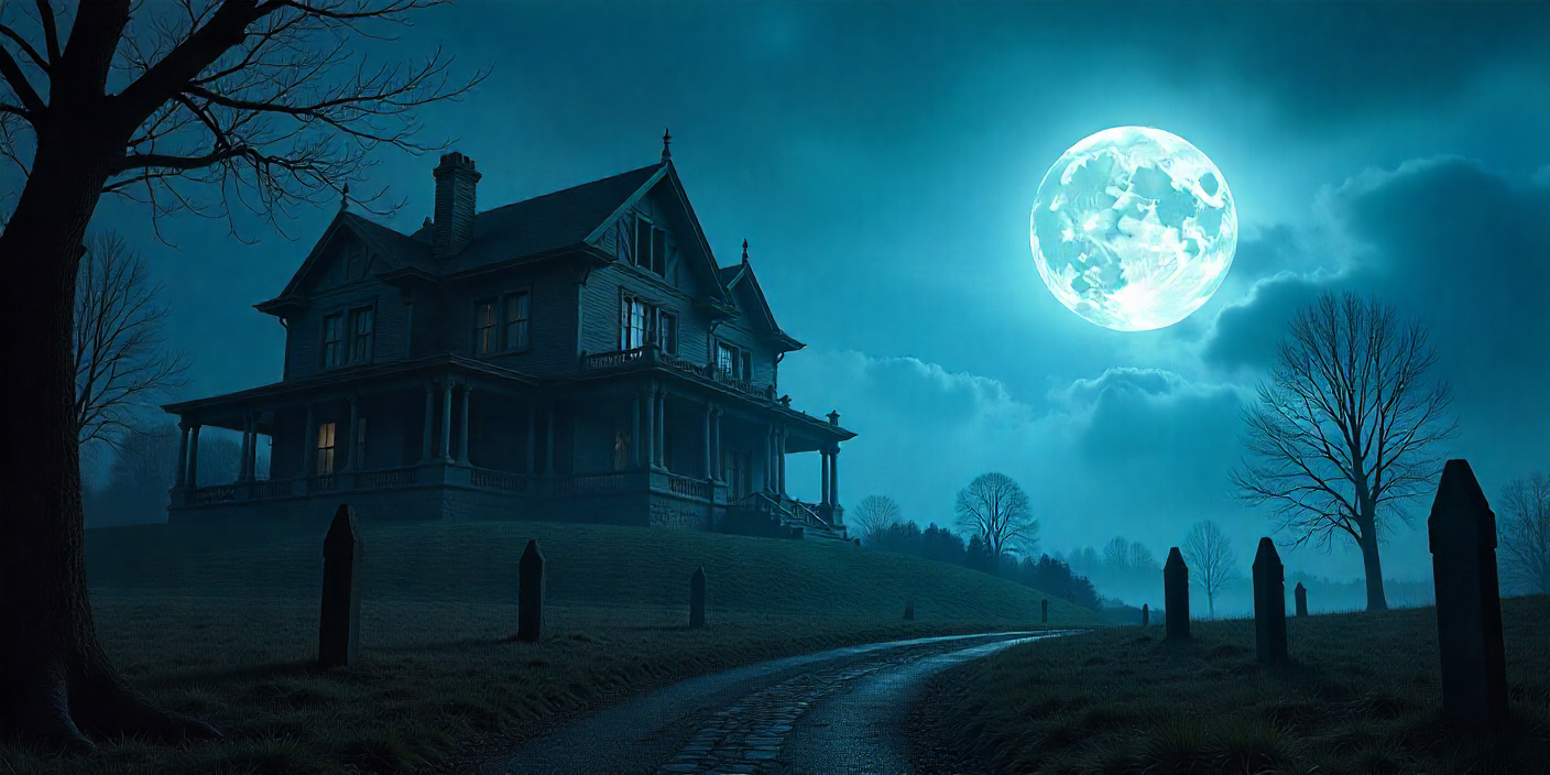 Casa oscura bajo la luna llena.